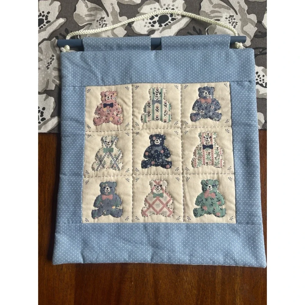 Vintage Quilt Hanging With Embroidery, Teddy Bears, Wall Hanging, Hand Made